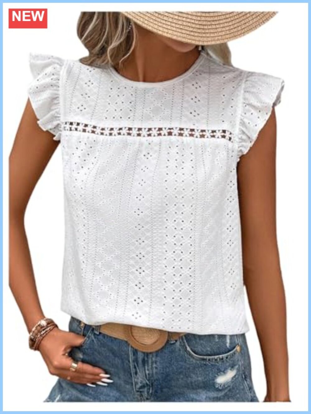 Floerns Women's Boho Eyelet Embroidery Ruffle Cap Sleeve T Shirt